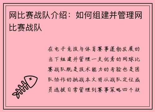 网比赛战队介绍：如何组建并管理网比赛战队